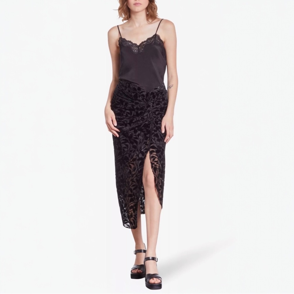 NWT The Kooples Prickly Leaves Burnout Velvet Midi Skirt Black Small